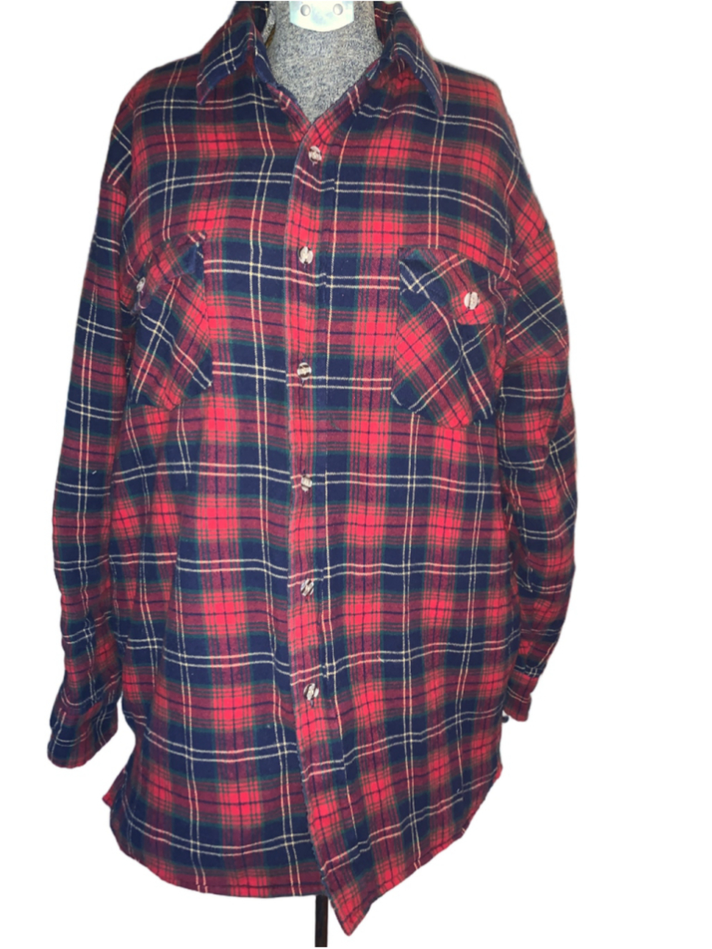 Men's Arrow Plaid Quilted Shirt Jacket Red Blue Size L